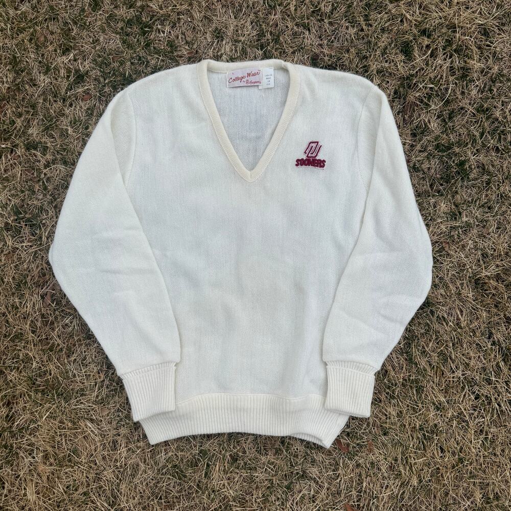Women's Vintage 80's OU Oklahoma Sooners White Wool V-Neck Pullover Sweater Sz L